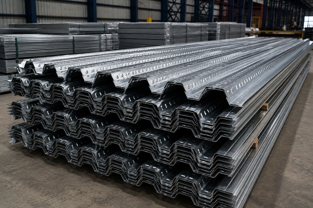 Profiled steel deck sheets stacked in warehouse